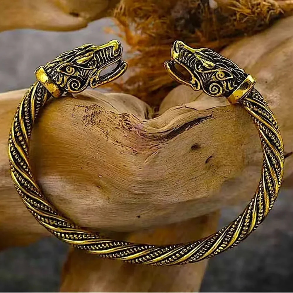 Gold Viking Wold Head Vintage Norse Arm Band Cuff Bangle Bracelet